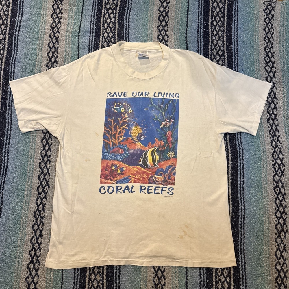 Vintage 90s SAVE OUR LIVING CORAL REEFS T-Shirt XL Human-i-Tees Nature Ocean